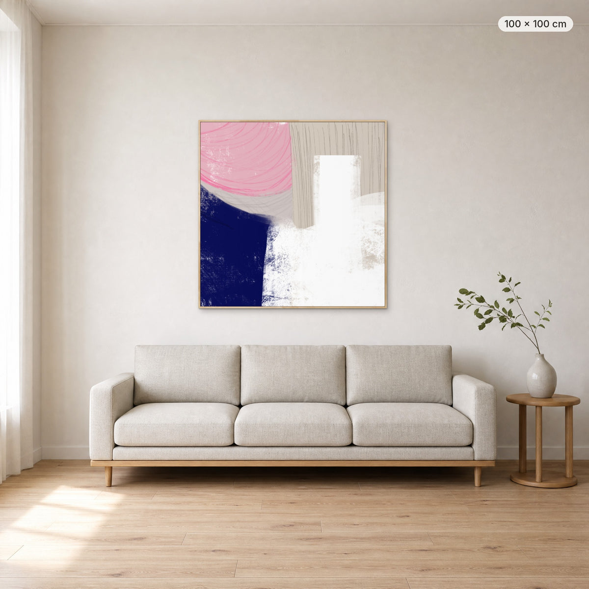 A Moment To Think canvas print in oak floating frame, 100 × 100 cm, shown above a 220 cm sofa
