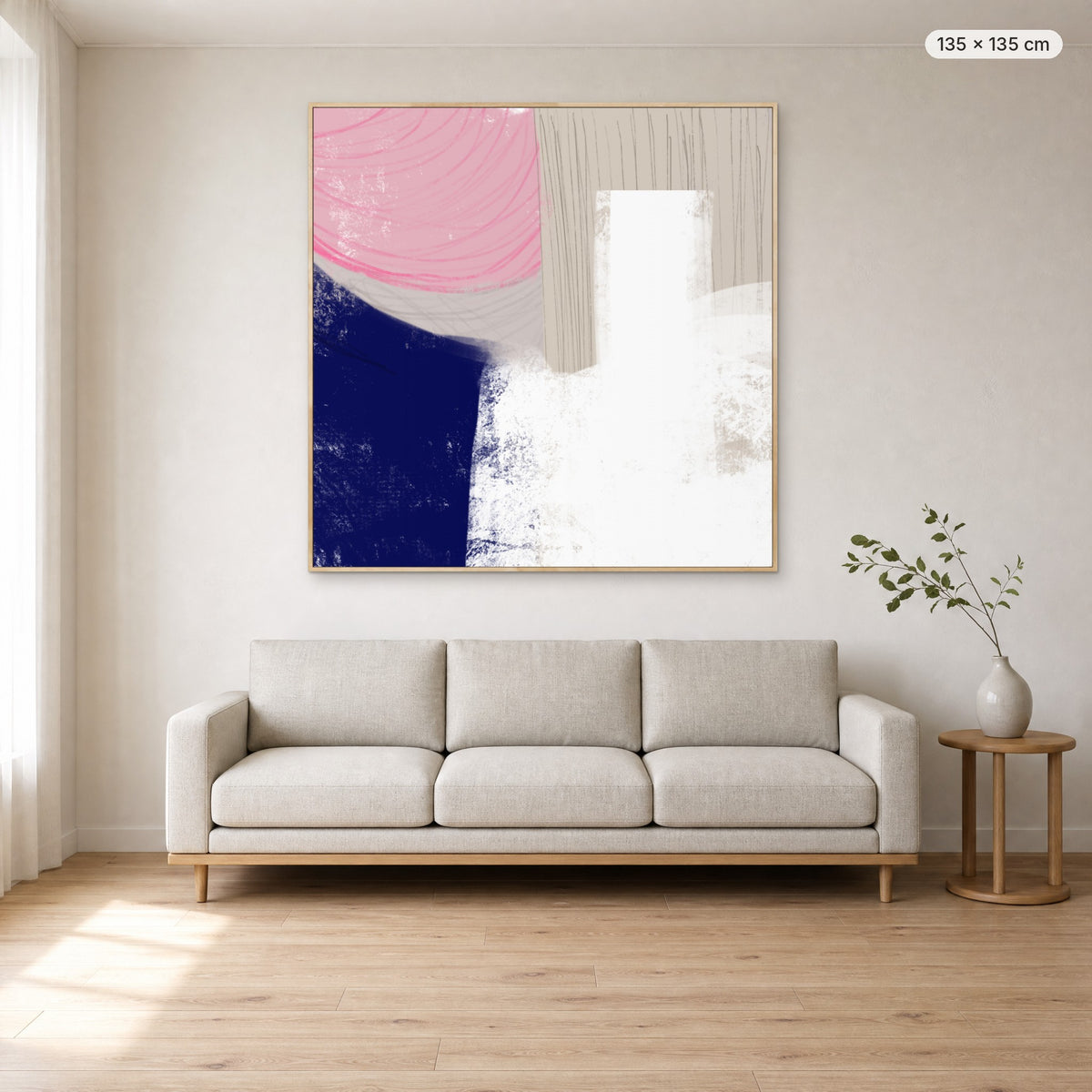 A Moment To Think canvas print in oak floating frame, 135 × 135 cm, shown above a 220 cm sofa