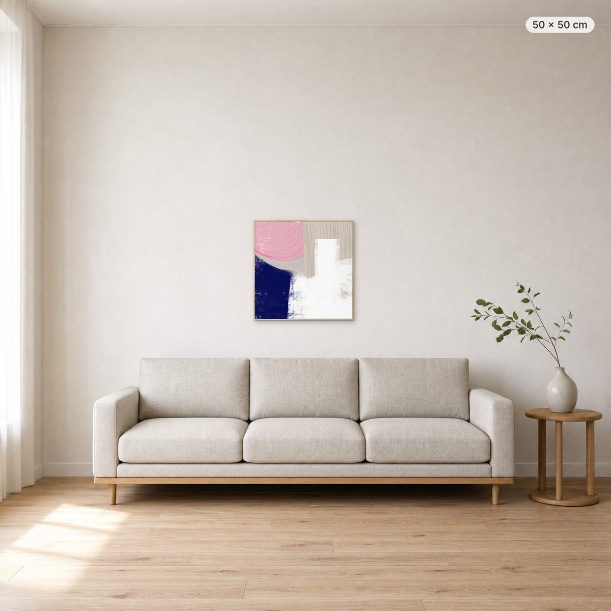 A Moment To Think canvas print in oak floating frame, 50 × 50 cm, shown above a 220 cm sofa