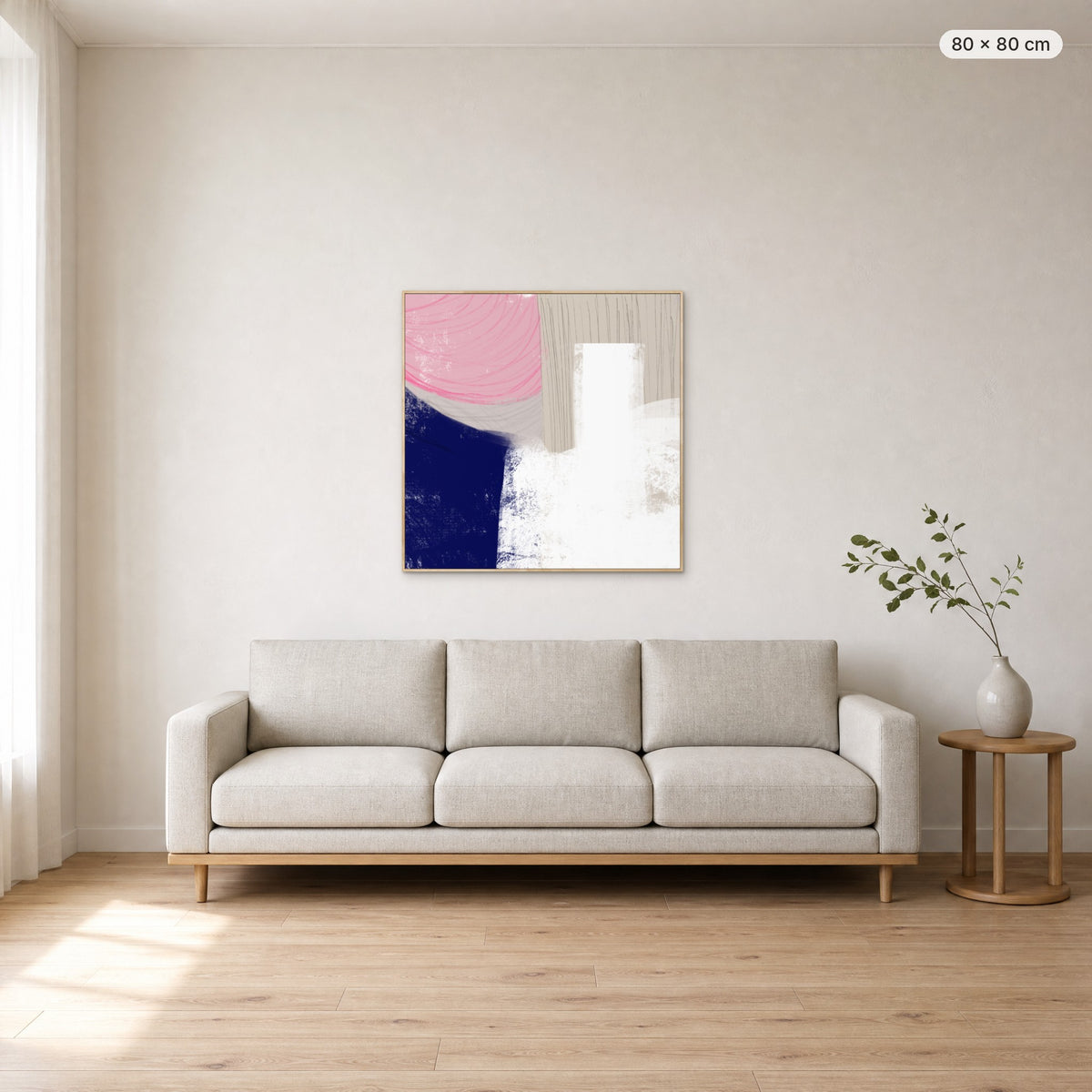 A Moment To Think canvas print in oak floating frame, 80 × 80 cm, shown above a 220 cm sofa