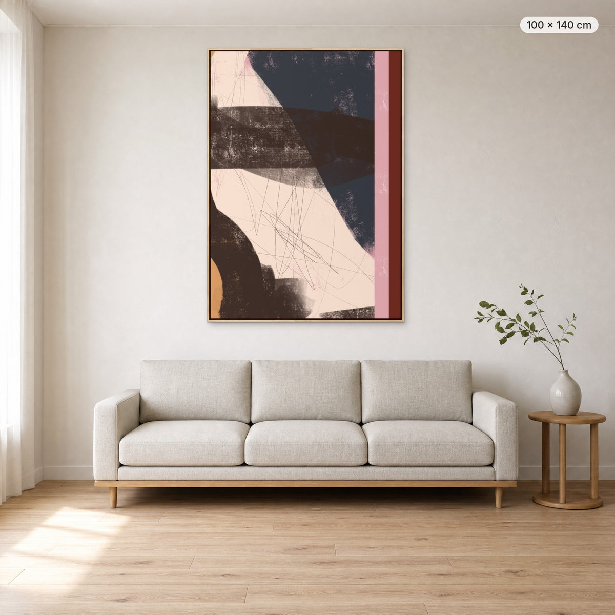 Adore You canvas print in oak floating frame, 100 × 140 cm, shown above a 220 cm sofa