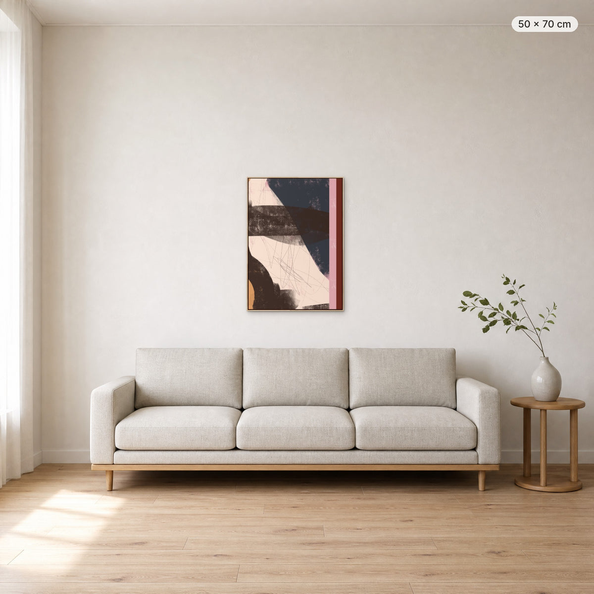 Adore You canvas print in oak floating frame, 50 × 70 cm, shown above a 220 cm sofa