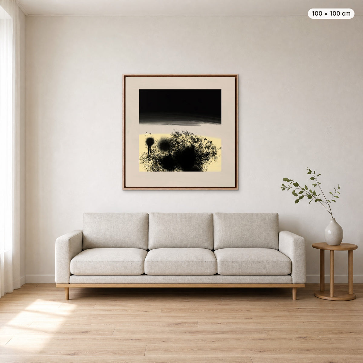 Canvas Print "After Dark" in oak frame, 100 × 100 cm, shown to scale above a 220 cm sofa