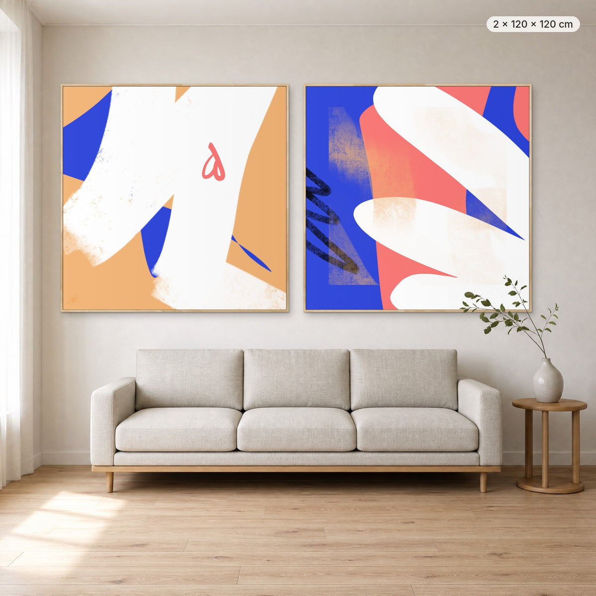 Art Wall 14 (In The Mood #1 & #2) canvas print in oak floating frame, 2 × 120 × 120 cm, shown above a 220 cm sofa