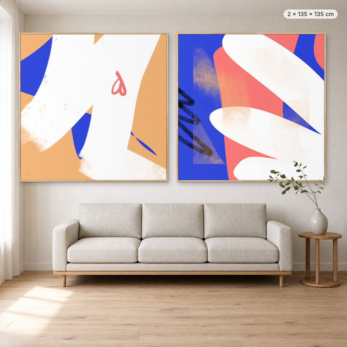 Art Wall 14 (In The Mood #1 & #2) canvas print in oak floating frame, 2 × 135 × 135 cm, shown above a 220 cm sofa