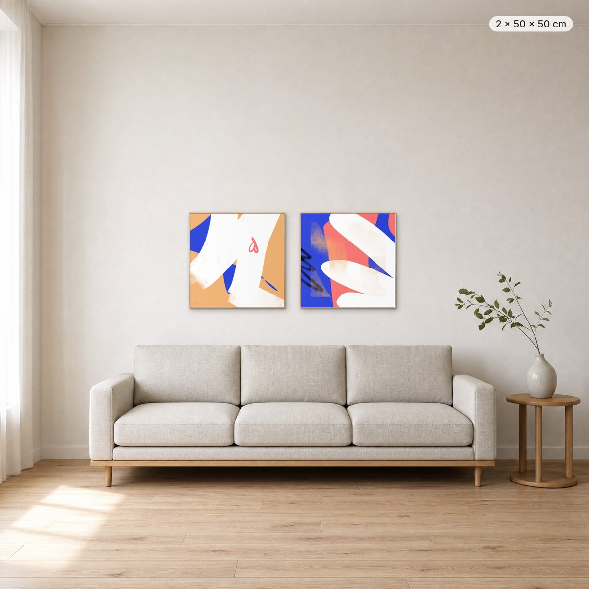 Art Wall 14 (In The Mood #1 & #2) canvas print in oak floating frame, 2 × 50 × 50 cm, shown above a 220 cm sofa
