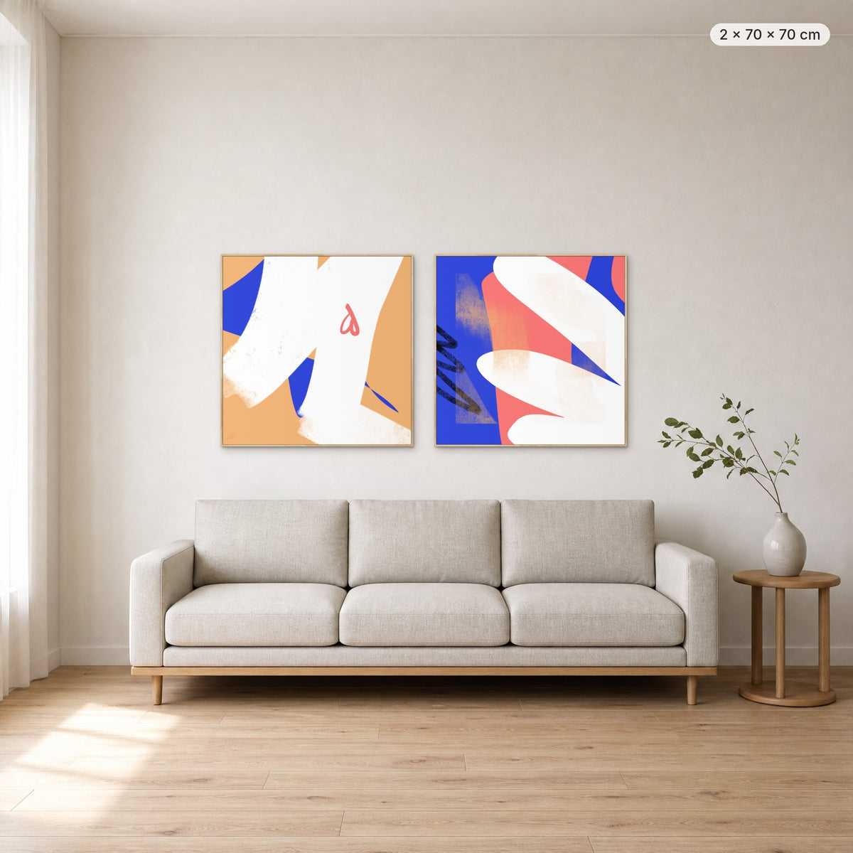 Art Wall 14 (In The Mood #1 & #2) canvas print in oak floating frame, 2 × 70 × 70 cm, shown above a 220 cm sofa