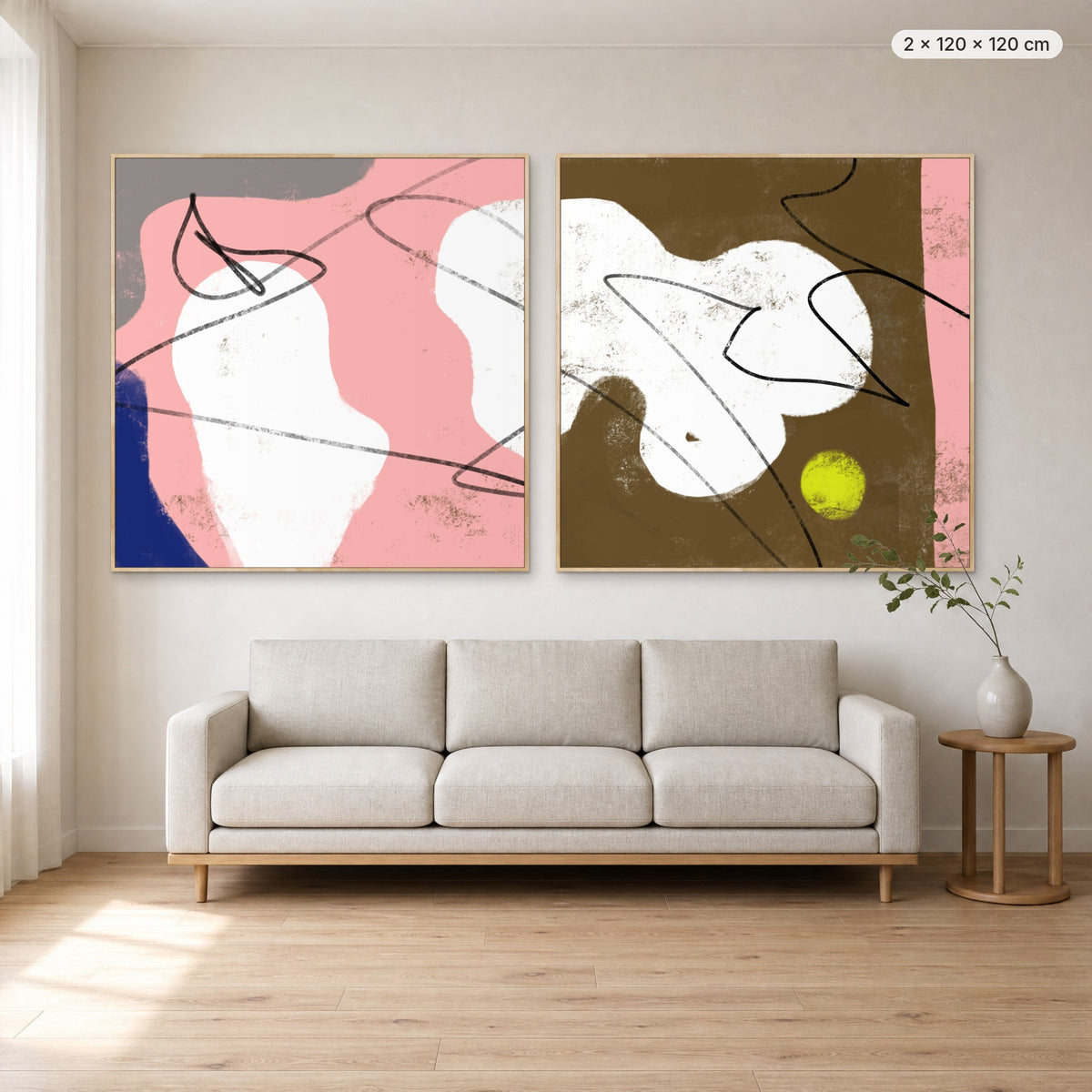 Art Wall 15 (Satisfied #1 & #2) canvas print in oak floating frame, 2 × 120 × 120 cm, shown above a 220 cm sofa