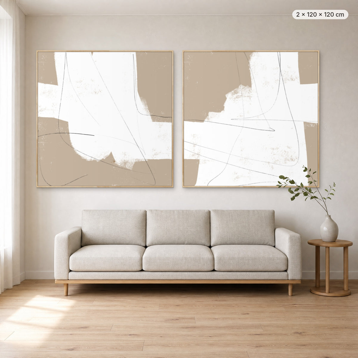 Art Wall 16 (More Than Simple #2 & #3) canvas print in oak floating frame, 2 × 120 × 120 cm, shown above a 220 cm sofa
