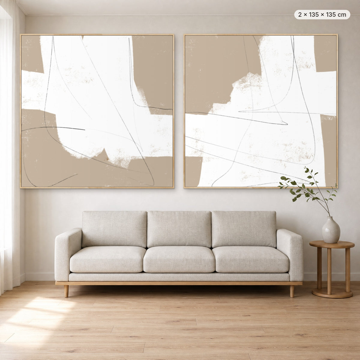Art Wall 16 (More Than Simple #2 & #3) canvas print in oak floating frame, 2 × 135 × 135 cm, shown above a 220 cm sofa