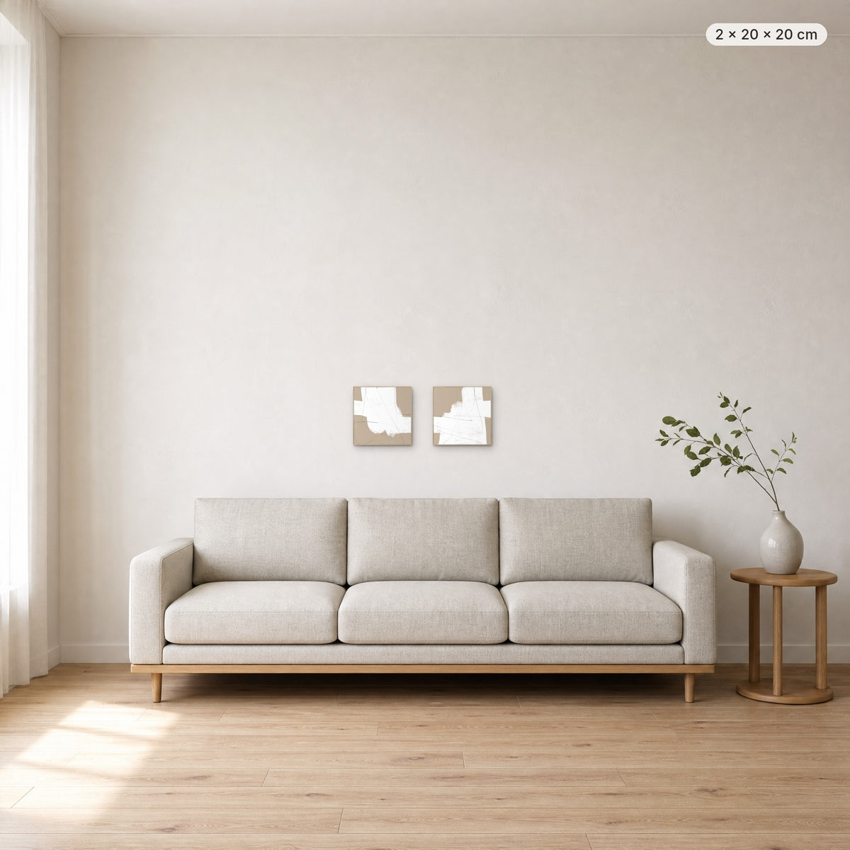 Art Wall 16 (More Than Simple #2 & #3) canvas print in oak floating frame, 2 × 20 × 20 cm, shown above a 220 cm sofa