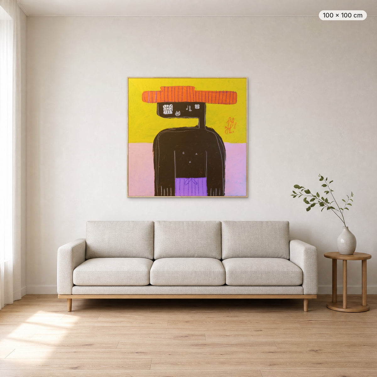 Benjamin canvas print in oak floating frame, 100 × 100 cm, shown above a 220 cm sofa