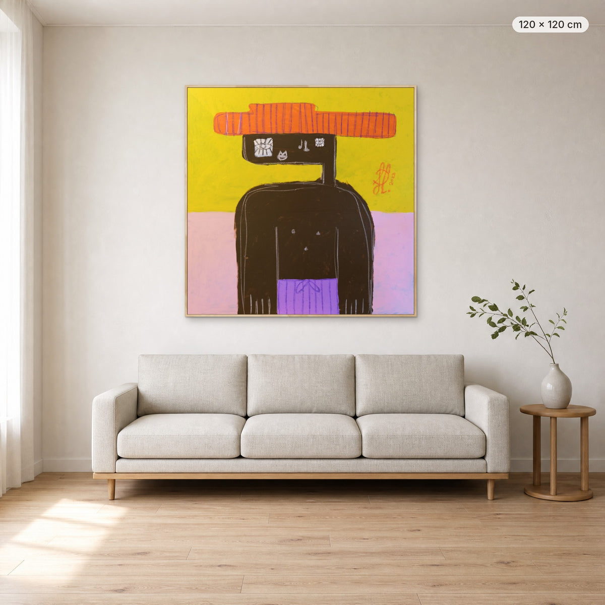 Benjamin canvas print in oak floating frame, 120 × 120 cm, shown above a 220 cm sofa