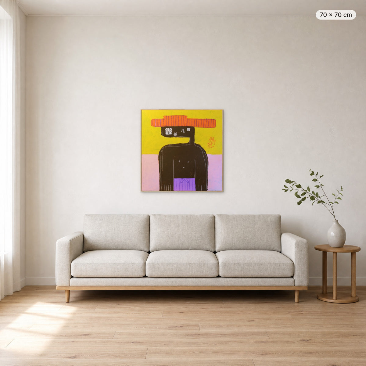 Benjamin canvas print in oak floating frame, 70 × 70 cm, shown above a 220 cm sofa