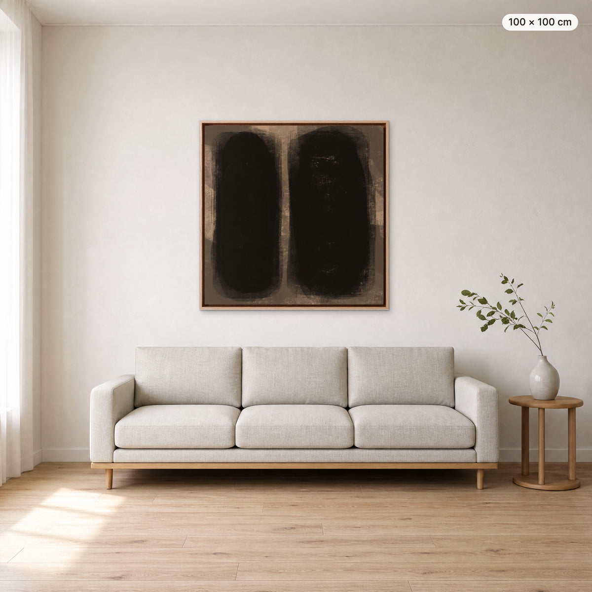 Canvas Print "Between Us" in oak frame, 100 × 100 cm, shown to scale above a 220 cm sofa