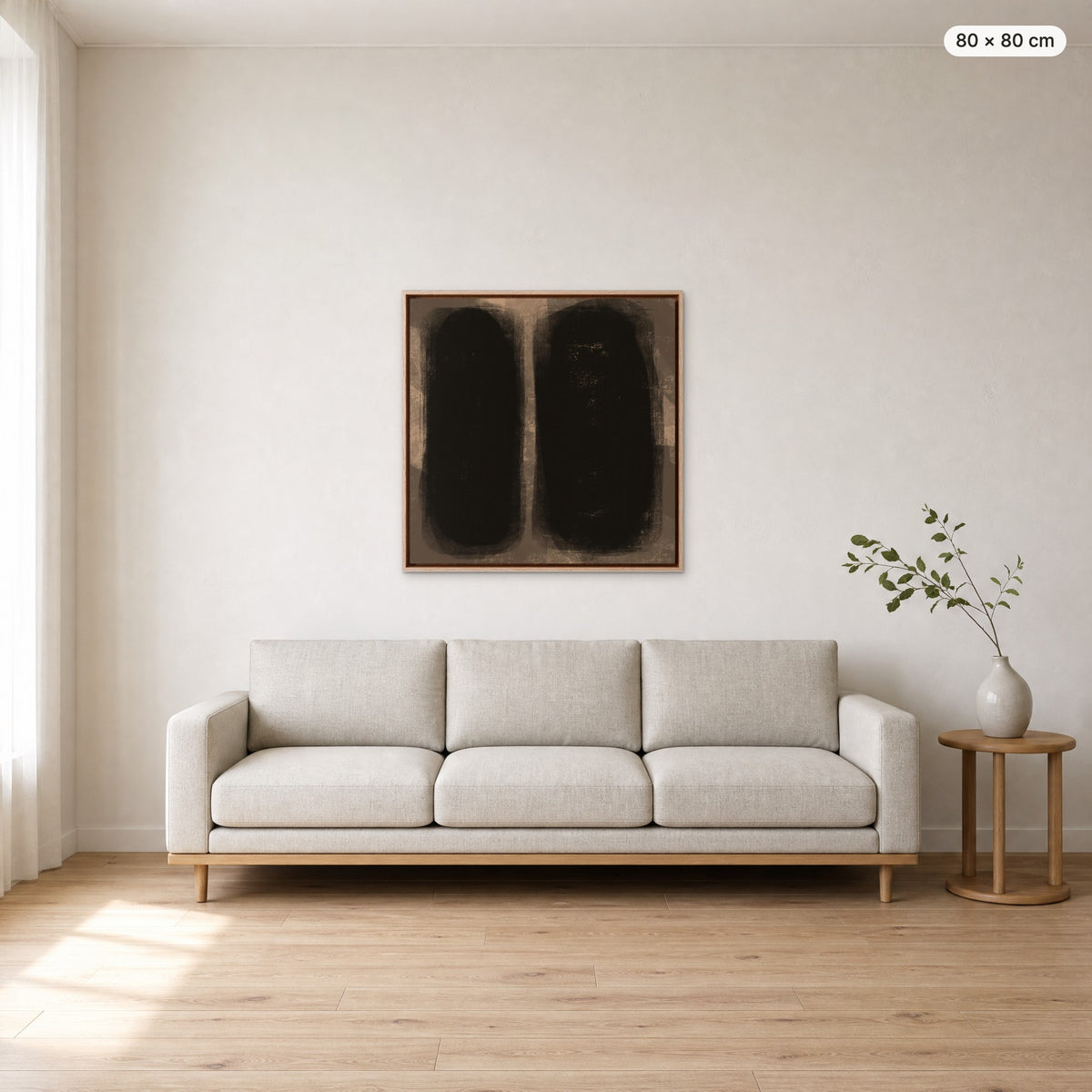 Canvas Print "Between Us" in oak frame, 80 × 80 cm, shown to scale above a 220 cm sofa