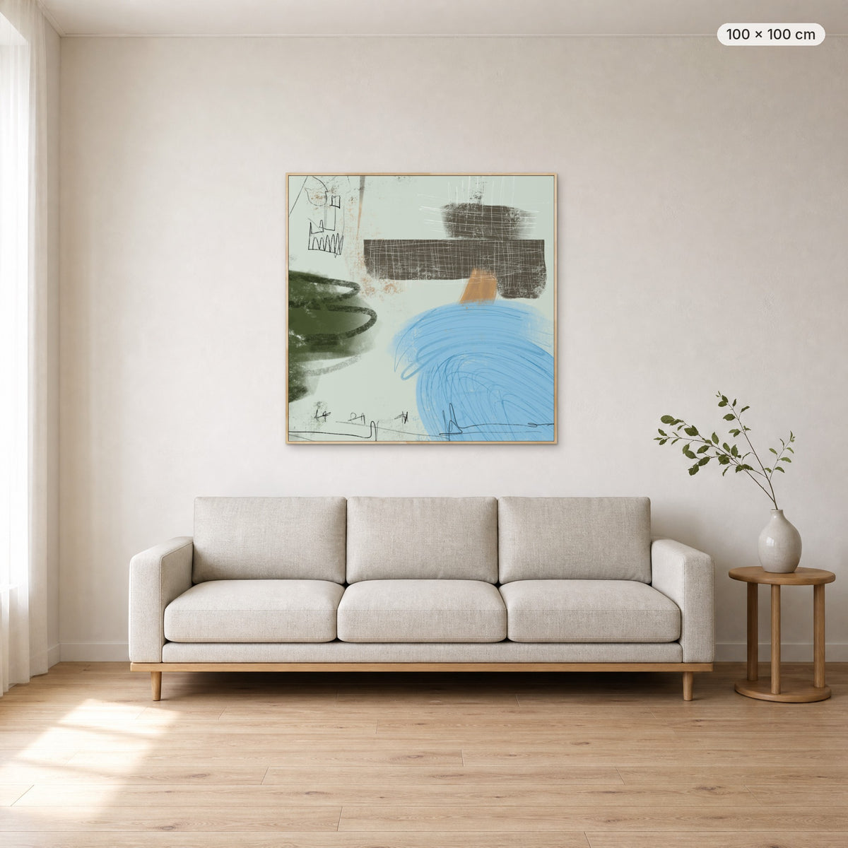 Daydreams canvas print in oak floating frame, 100 × 100 cm, shown above a 220 cm sofa