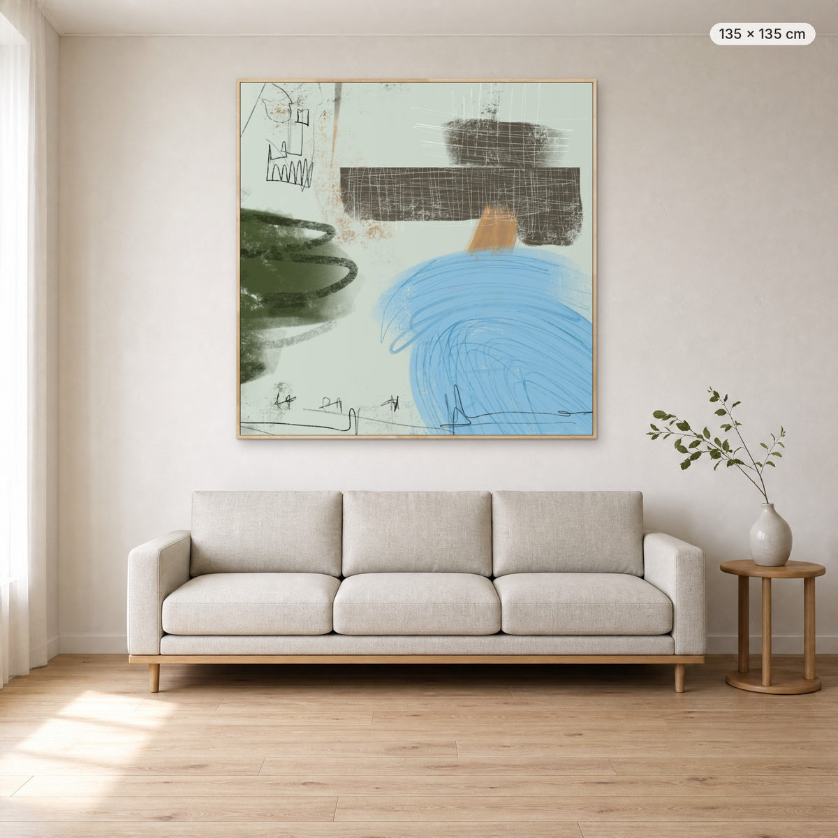 Daydreams canvas print in oak floating frame, 135 × 135 cm, shown above a 220 cm sofa