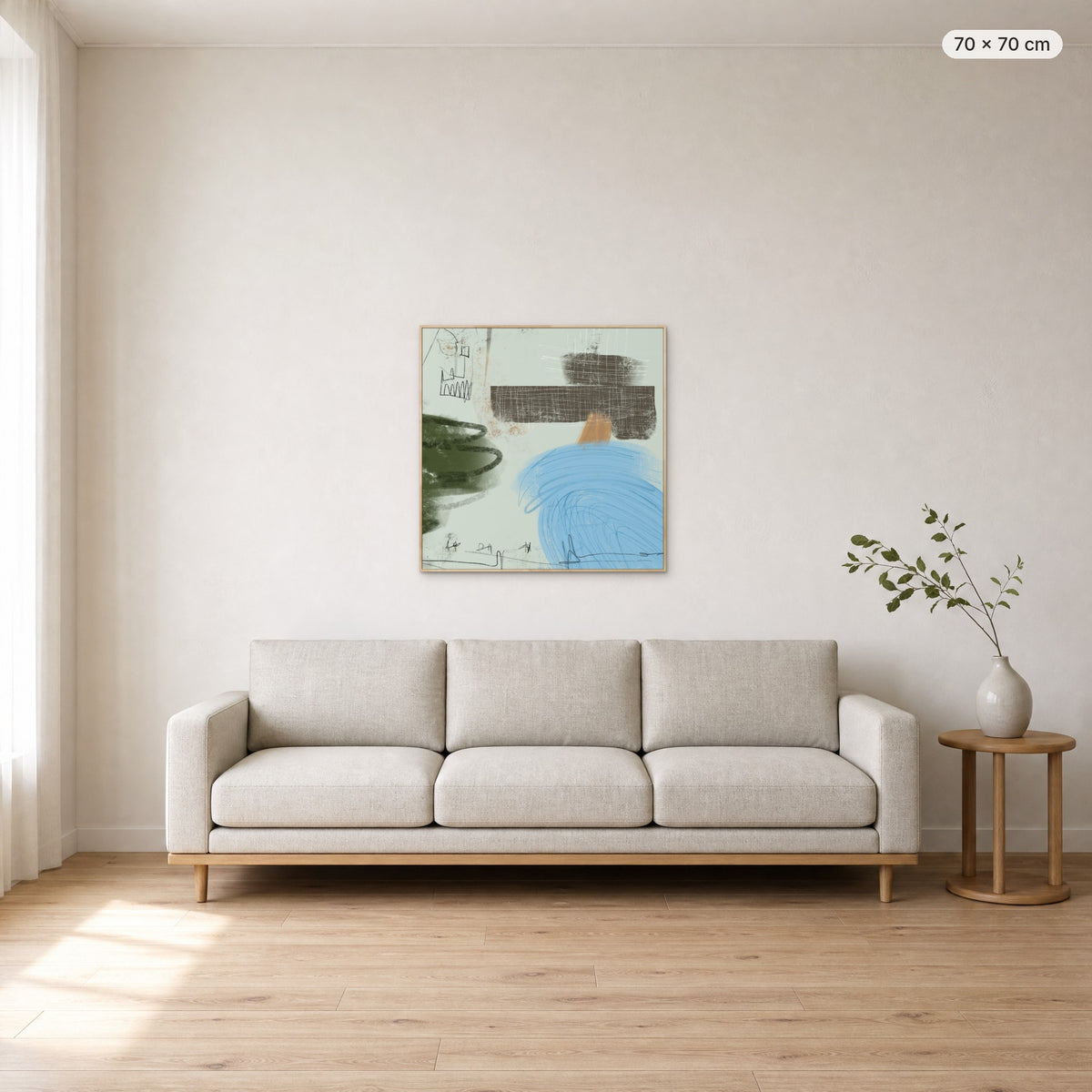 Daydreams canvas print in oak floating frame, 70 × 70 cm, shown above a 220 cm sofa