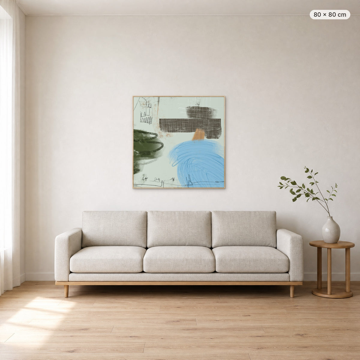 Daydreams canvas print in oak floating frame, 80 × 80 cm, shown above a 220 cm sofa