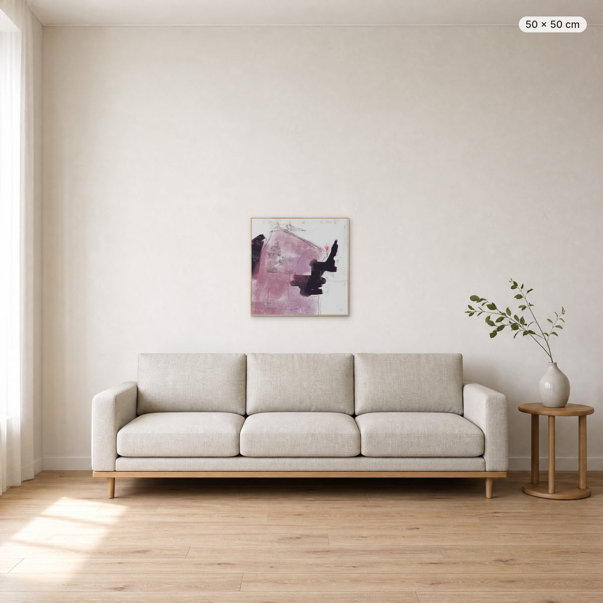 Deep #1 canvas print in oak floating frame, 50 × 50 cm, shown above a 220 cm sofa