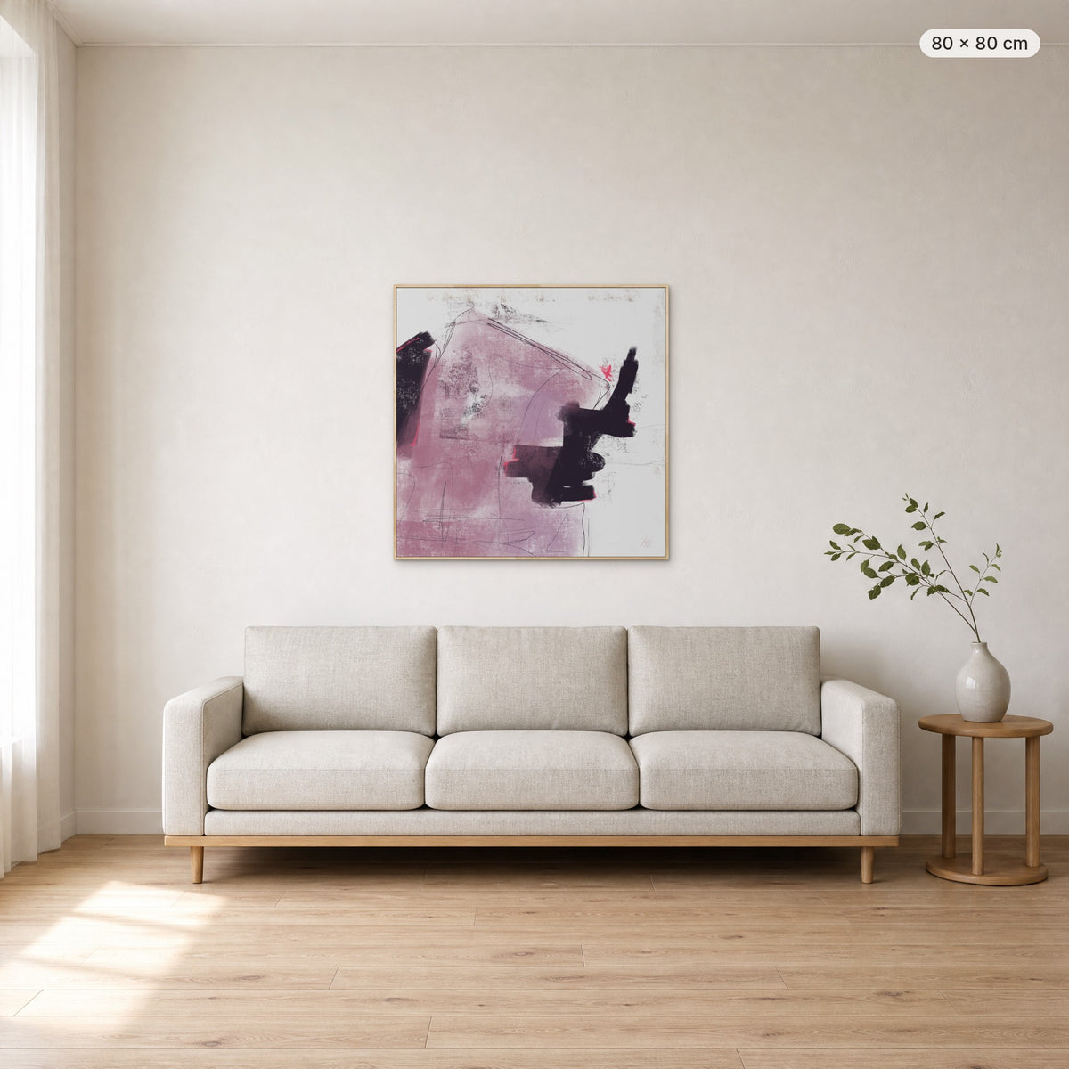 Deep #1 canvas print in oak floating frame, 80 × 80 cm, shown above a 220 cm sofa