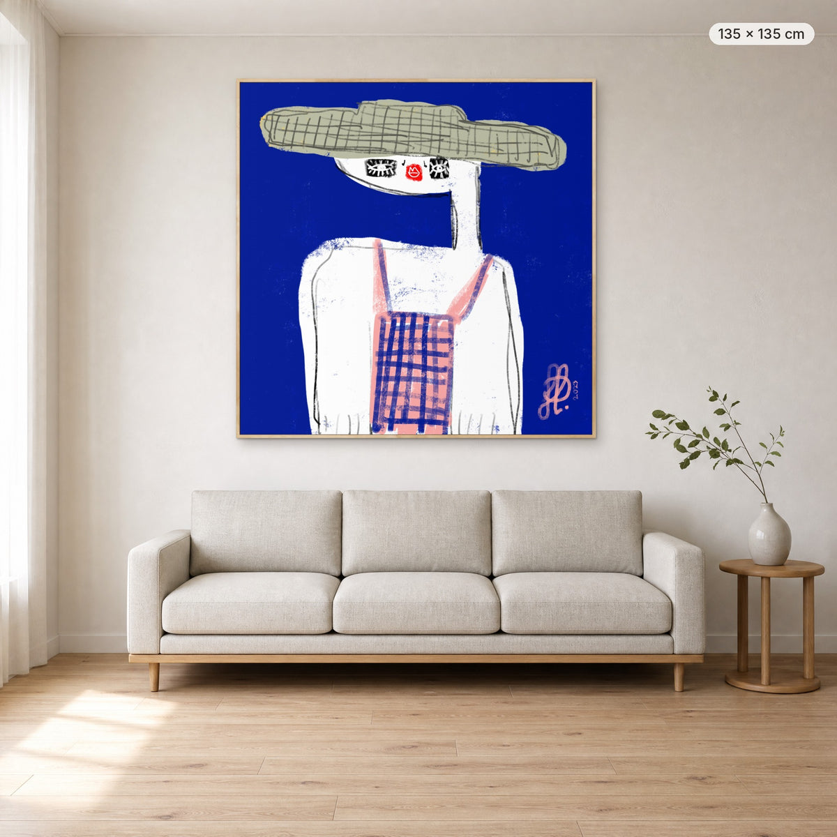 Emma canvas print in oak floating frame, 135 × 135 cm, shown above a 220 cm sofa