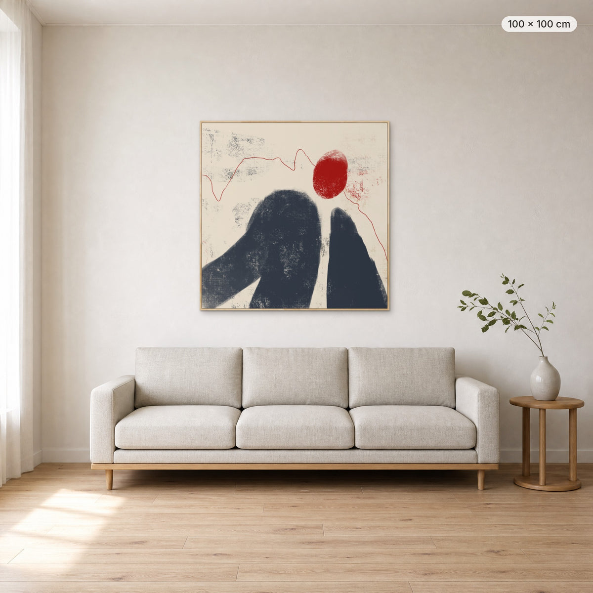 Fading Shadow canvas print in oak floating frame, 100 × 100 cm, shown above a 220 cm sofa
