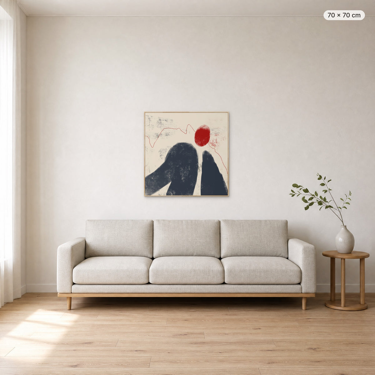Fading Shadow canvas print in oak floating frame, 70 × 70 cm, shown above a 220 cm sofa