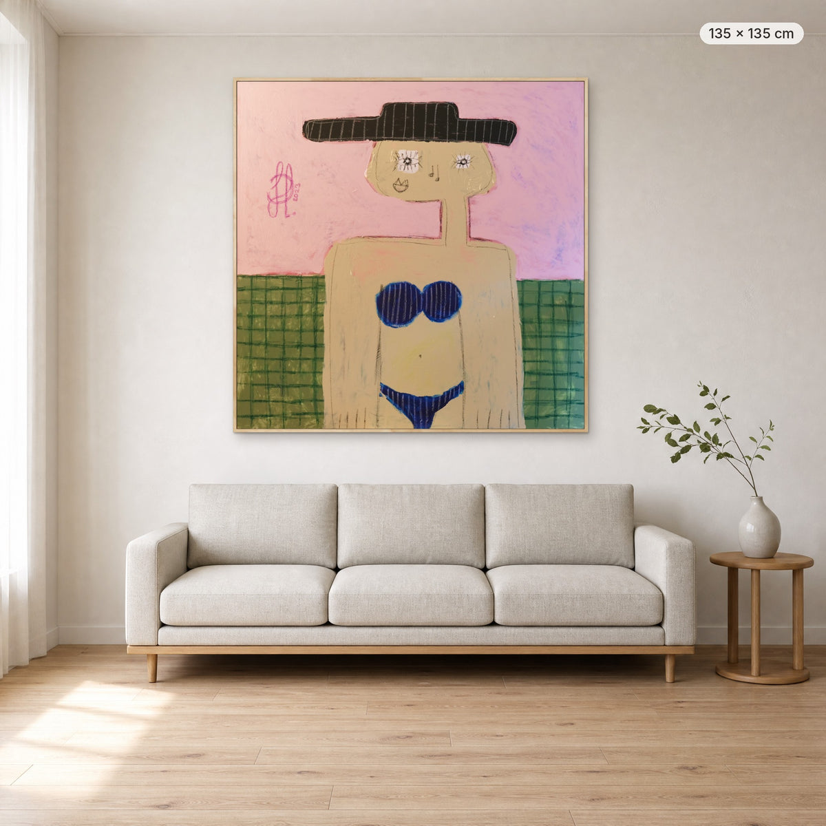 Grace canvas print in oak floating frame, 135 × 135 cm, shown above a 220 cm sofa