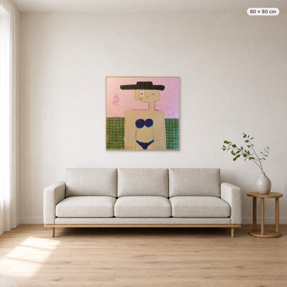 Grace canvas print in oak floating frame, 80 × 80 cm, shown above a 220 cm sofa