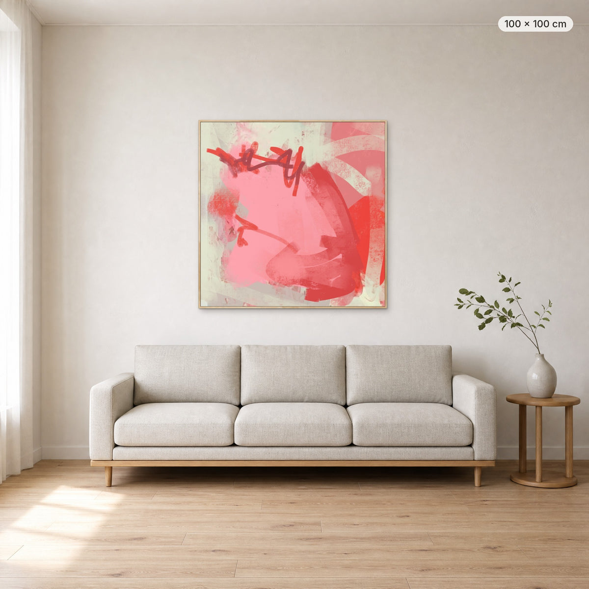 Heartbeat canvas print in oak floating frame, 100 × 100 cm, shown above a 220 cm sofa