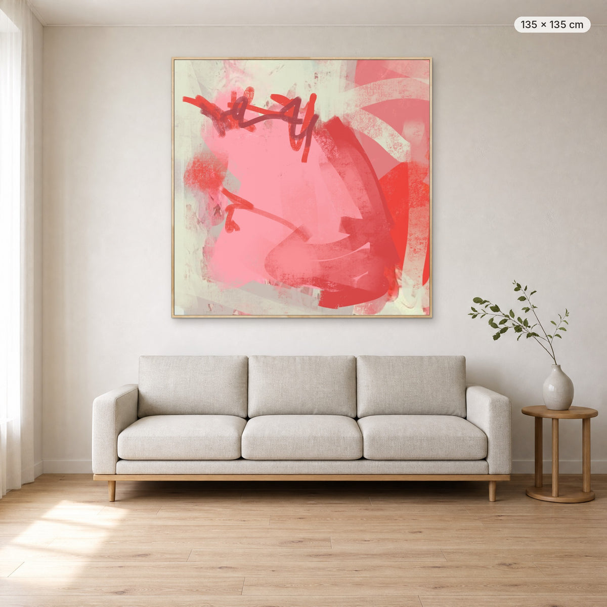 Heartbeat canvas print in oak floating frame, 135 × 135 cm, shown above a 220 cm sofa