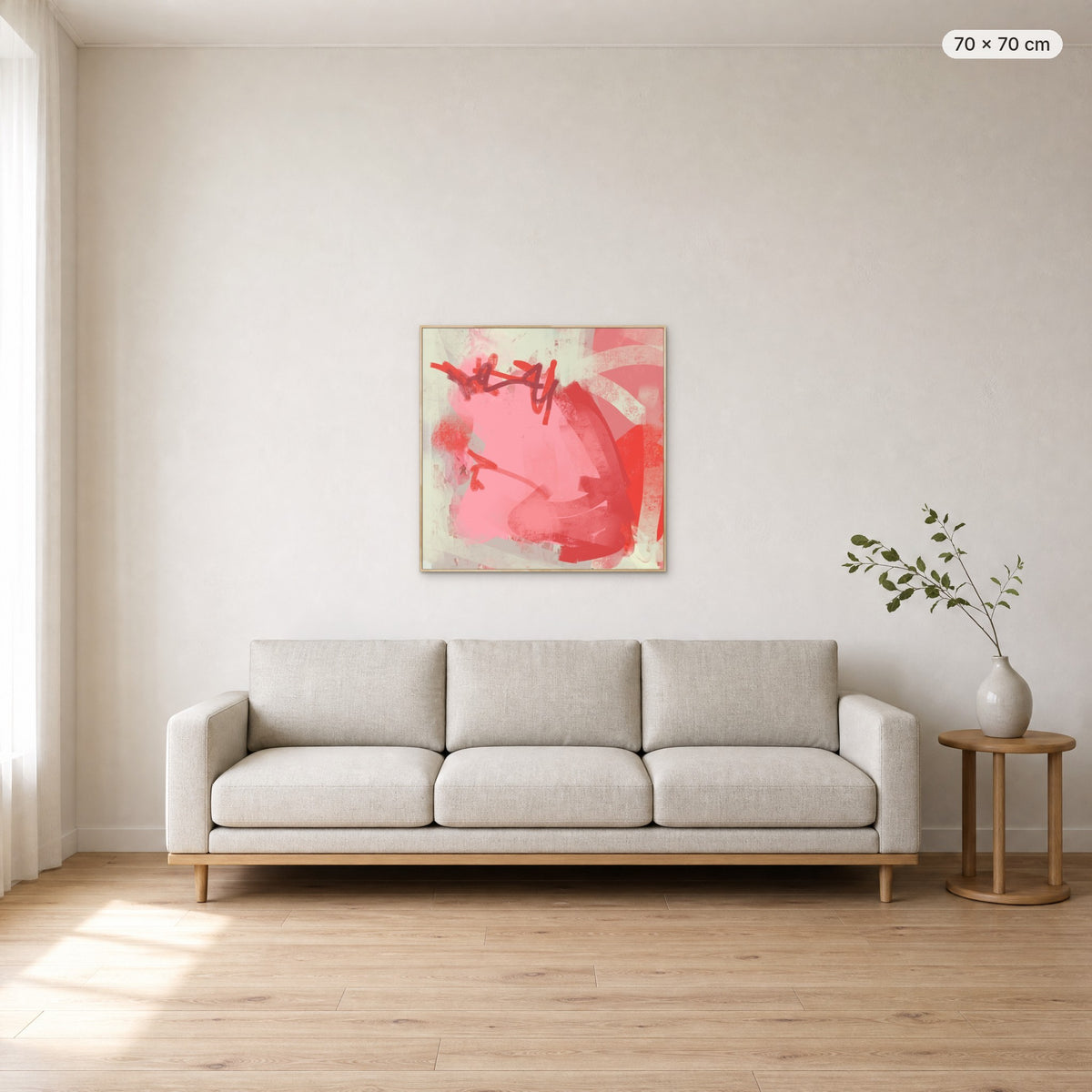 Heartbeat canvas print in oak floating frame, 70 × 70 cm, shown above a 220 cm sofa