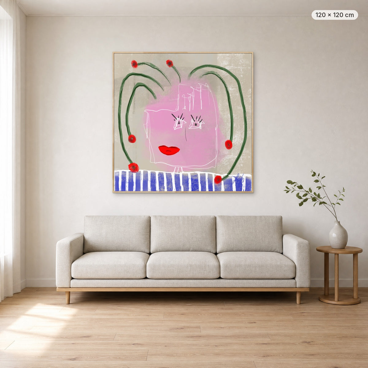 Help My Thoughts canvas print in oak floating frame, 120 × 120 cm, shown above a 220 cm sofa