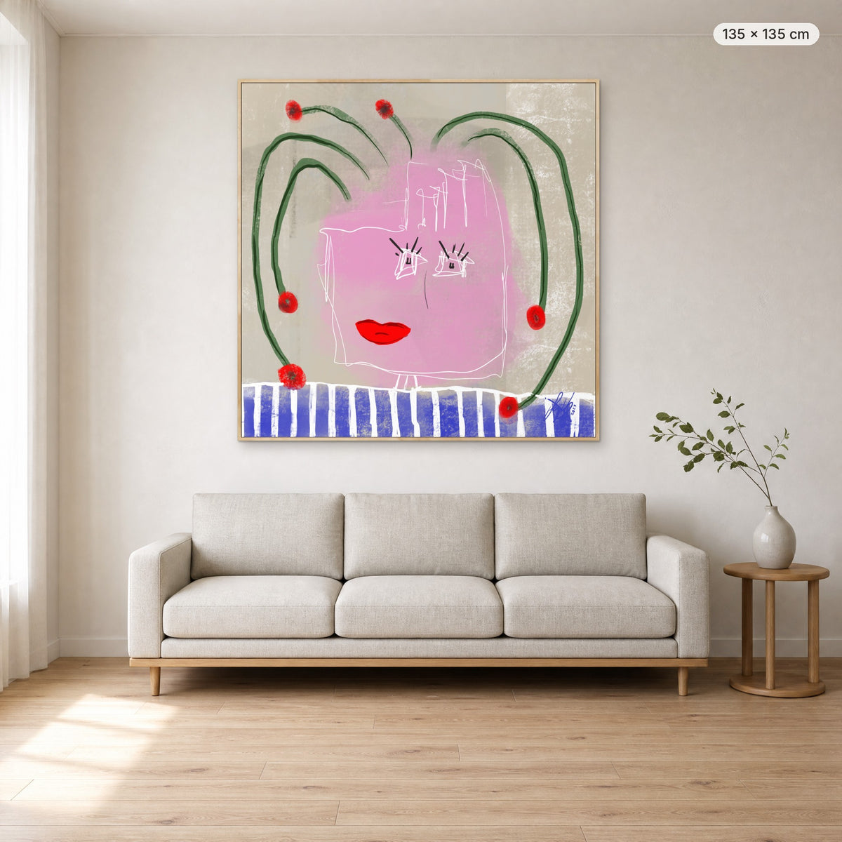 Help My Thoughts canvas print in oak floating frame, 135 × 135 cm, shown above a 220 cm sofa
