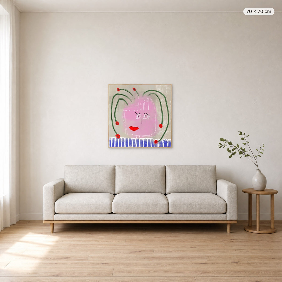 Help My Thoughts canvas print in oak floating frame, 70 × 70 cm, shown above a 220 cm sofa