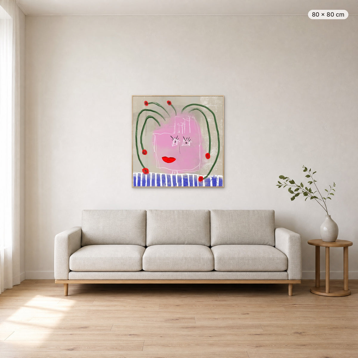 Help My Thoughts canvas print in oak floating frame, 80 × 80 cm, shown above a 220 cm sofa
