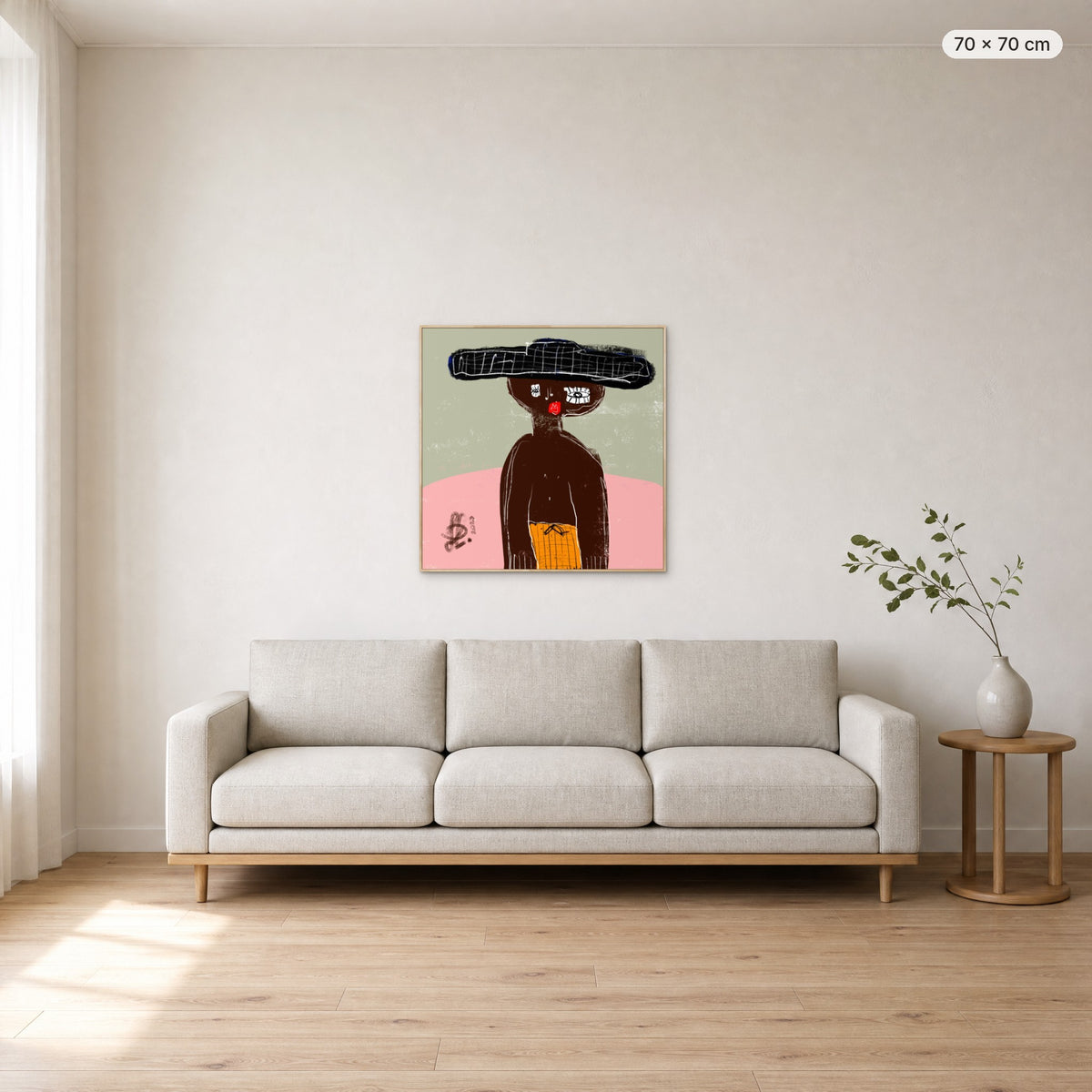 James canvas print in oak floating frame, 70 × 70 cm, shown above a 220 cm sofa