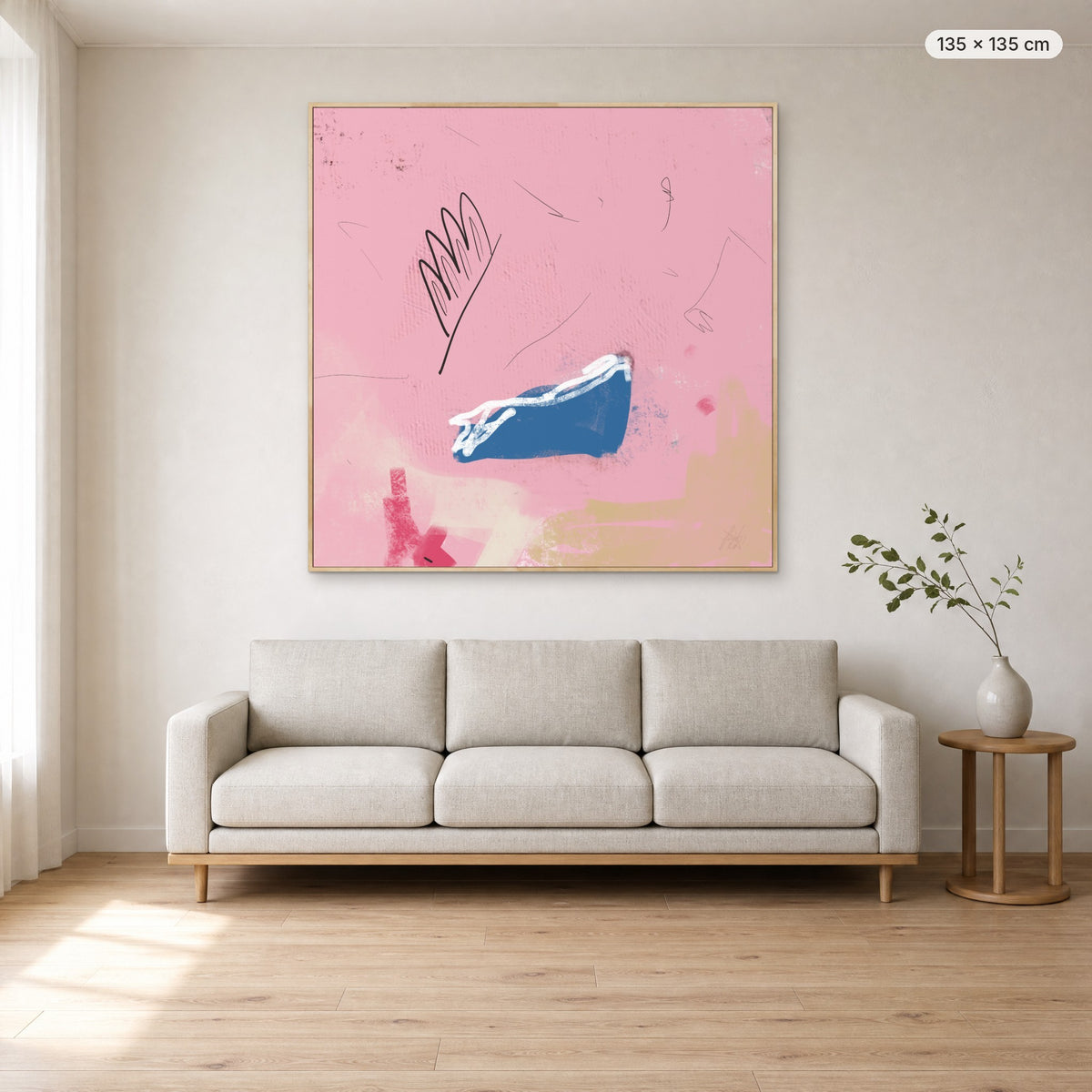 Kiss You Everywhere canvas print in oak floating frame, 135 × 135 cm, shown above a 220 cm sofa