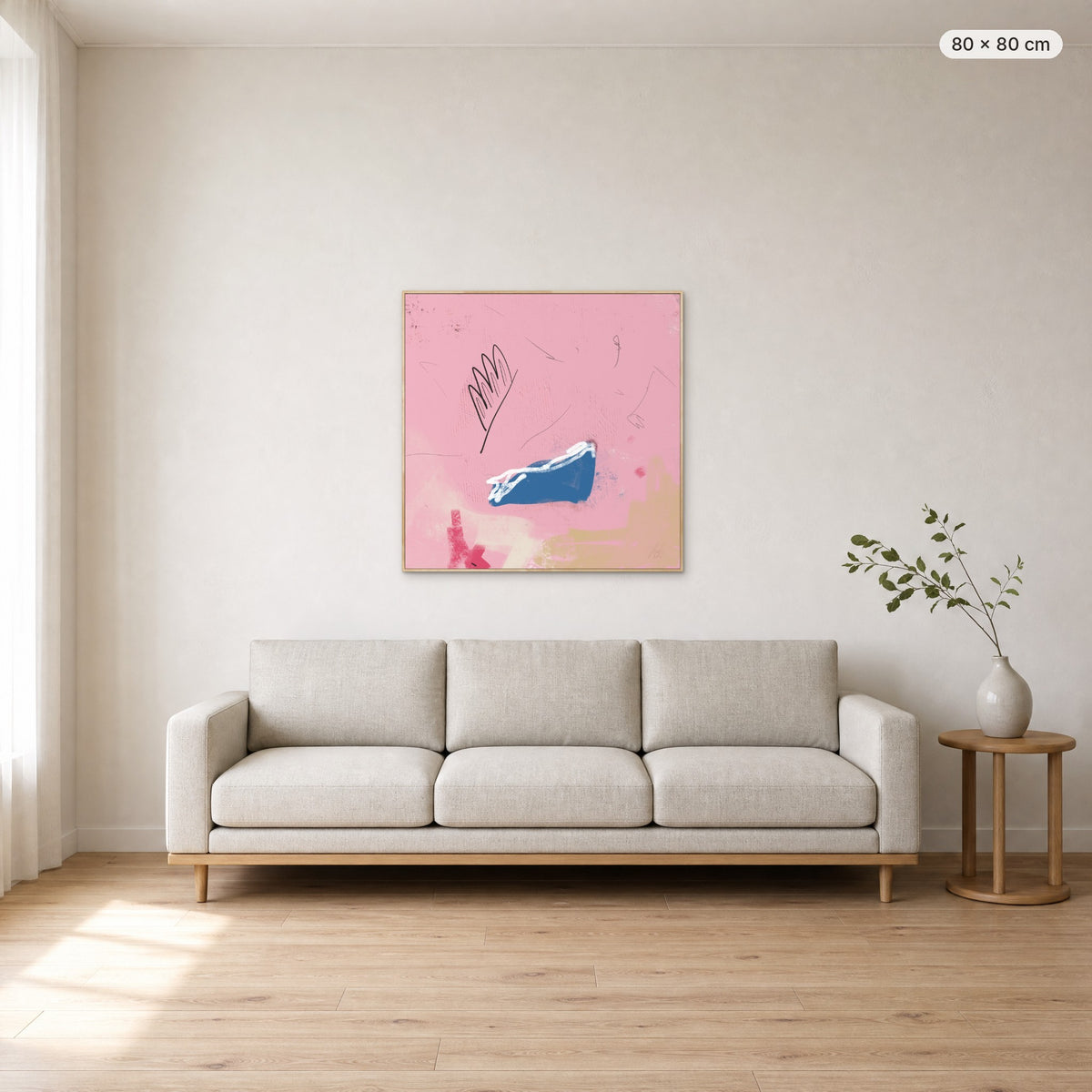 Kiss You Everywhere canvas print in oak floating frame, 80 × 80 cm, shown above a 220 cm sofa