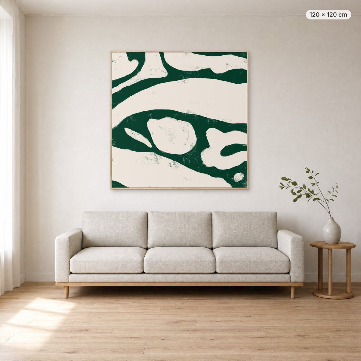 Labyrinth canvas print in oak floating frame, 120 × 120 cm, shown above a 220 cm sofa