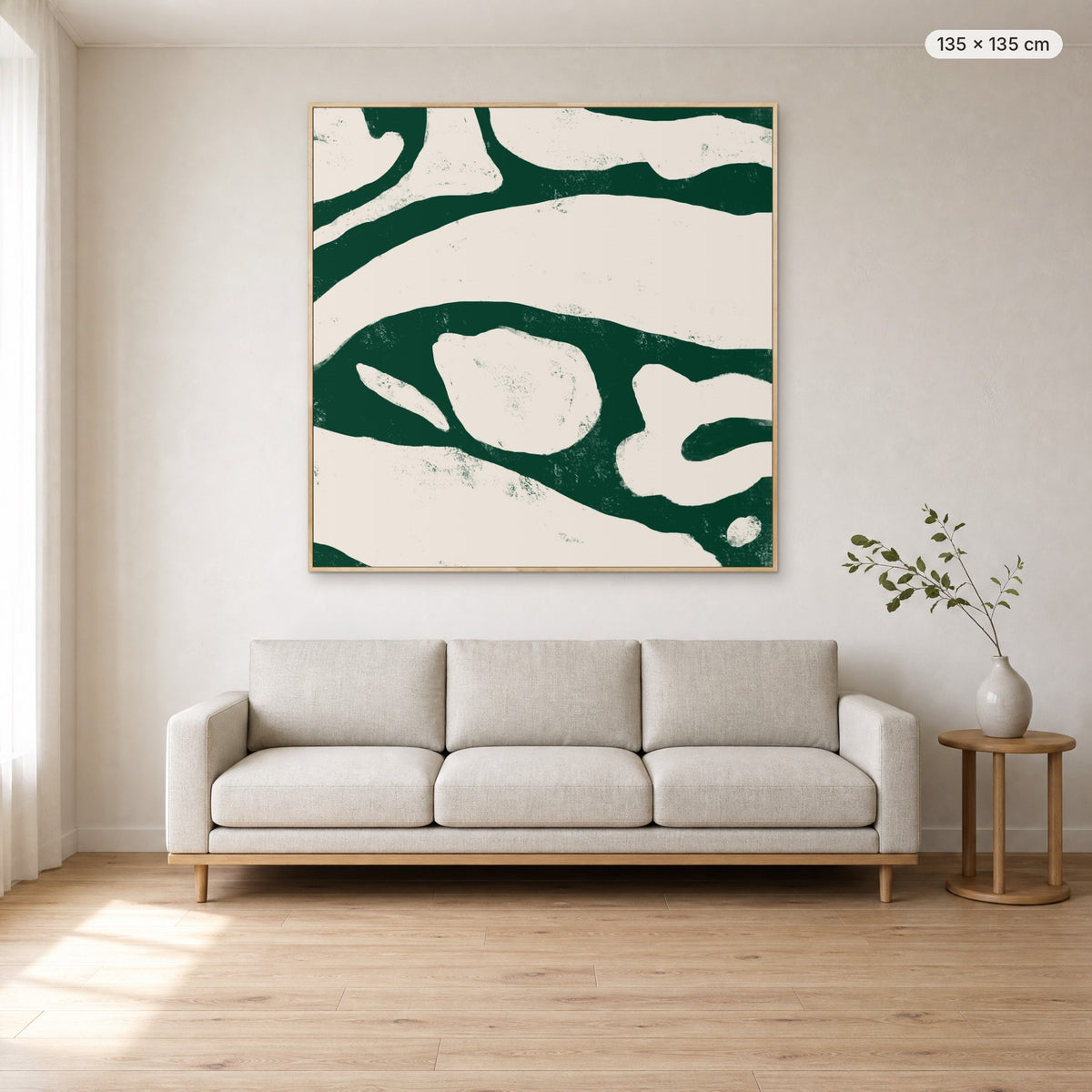 Labyrinth canvas print in oak floating frame, 135 × 135 cm, shown above a 220 cm sofa