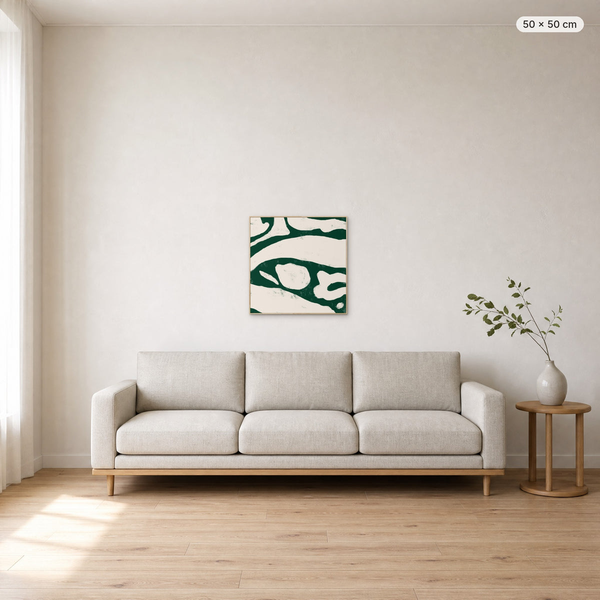 Labyrinth canvas print in oak floating frame, 50 × 50 cm, shown above a 220 cm sofa