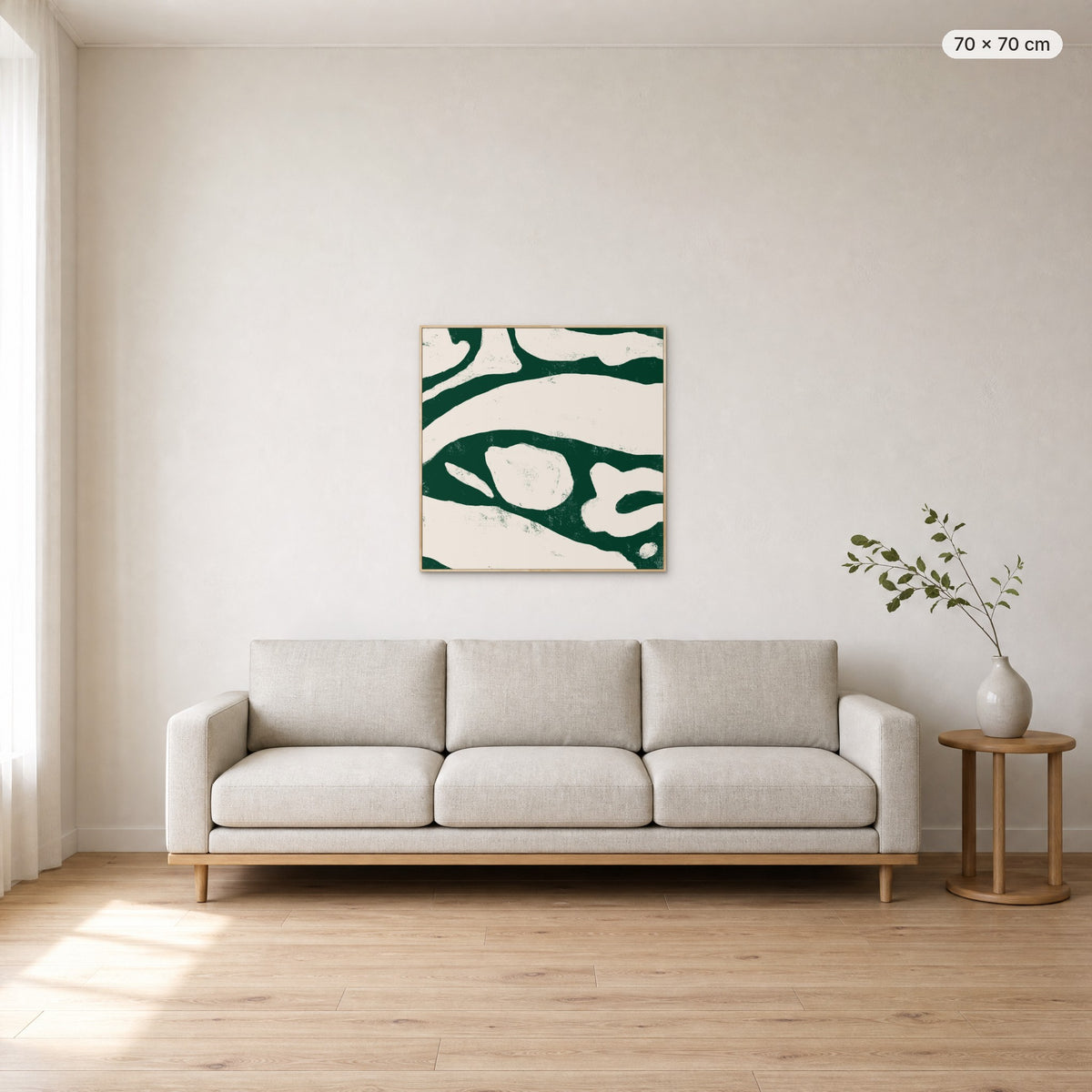 Labyrinth canvas print in oak floating frame, 70 × 70 cm, shown above a 220 cm sofa