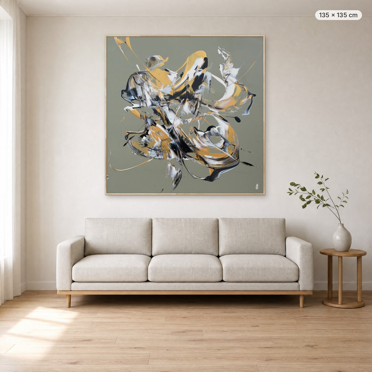 Less Is More #12 canvas print in oak floating frame, 135 × 135 cm, shown above a 220 cm sofa