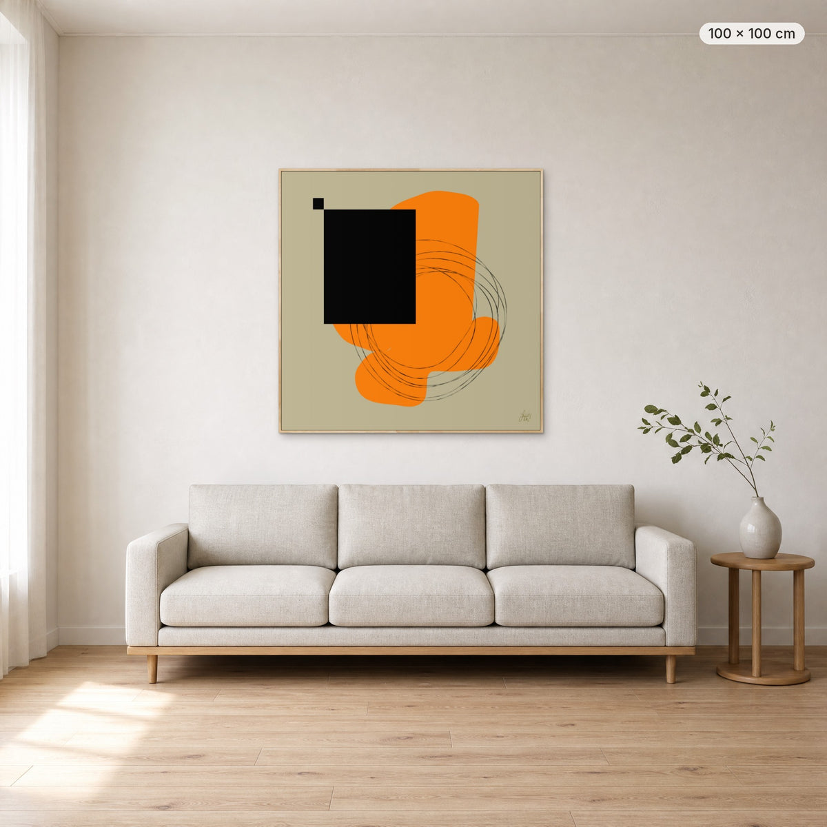Life Is Boring Without Chaos #1 canvas print in oak floating frame, 100 × 100 cm, shown above a 220 cm sofa