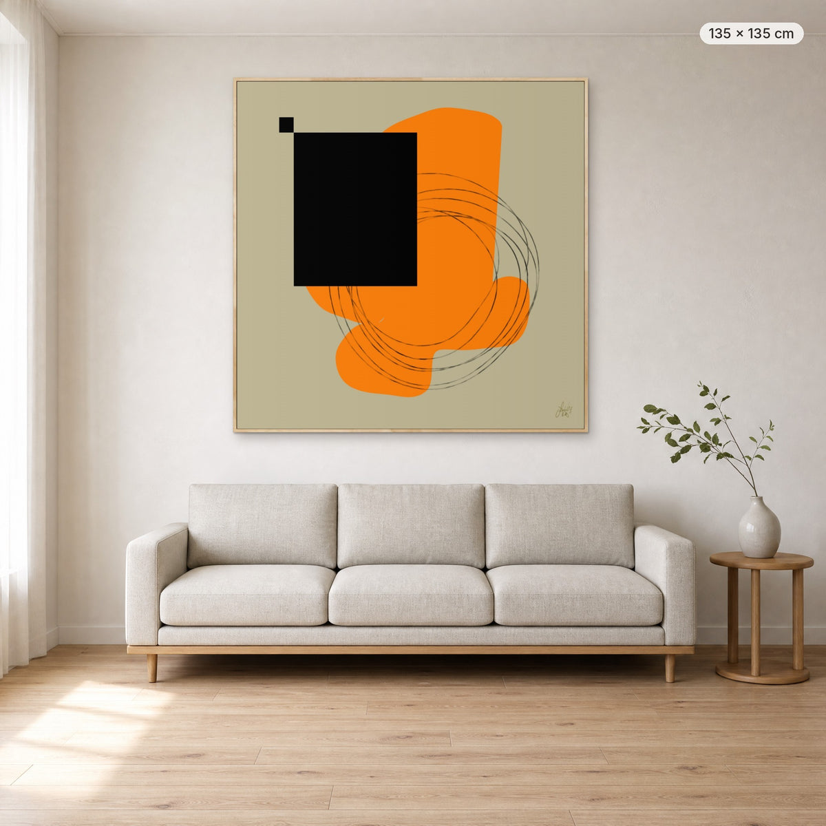 Life Is Boring Without Chaos #1 canvas print in oak floating frame, 135 × 135 cm, shown above a 220 cm sofa