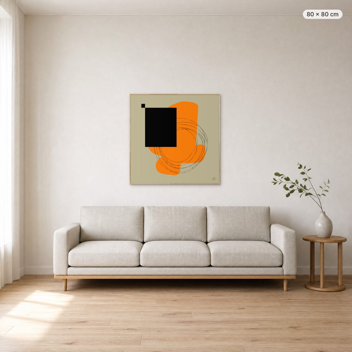 Life Is Boring Without Chaos #1 canvas print in oak floating frame, 80 × 80 cm, shown above a 220 cm sofa