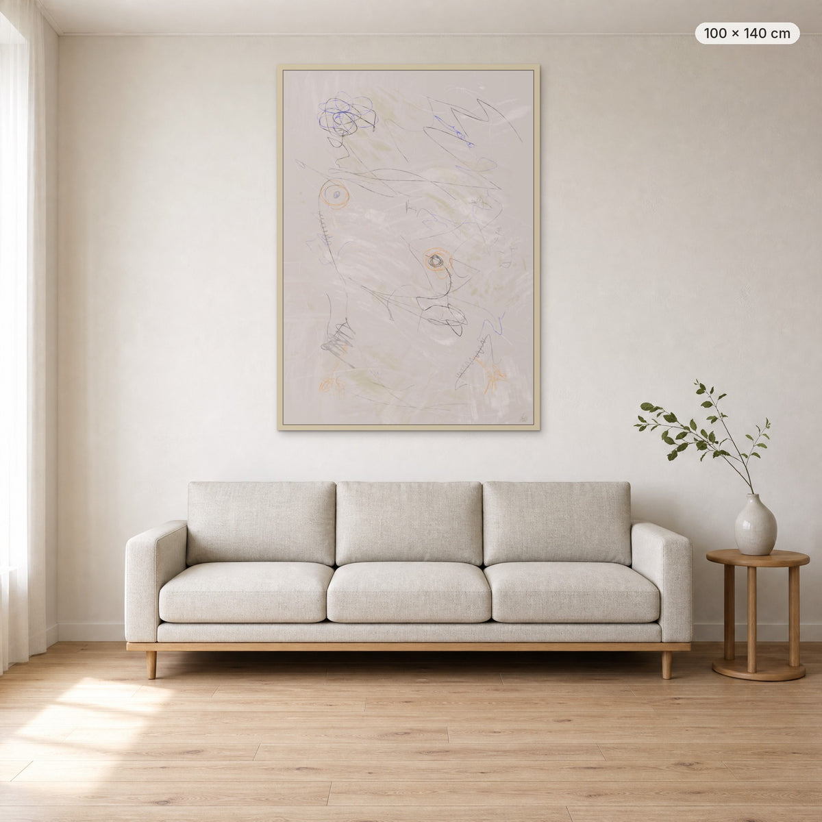 Life Is Boring Without Chaos #3 canvas print in oak floating frame, 100 × 140 cm, shown above a 220 cm sofa
